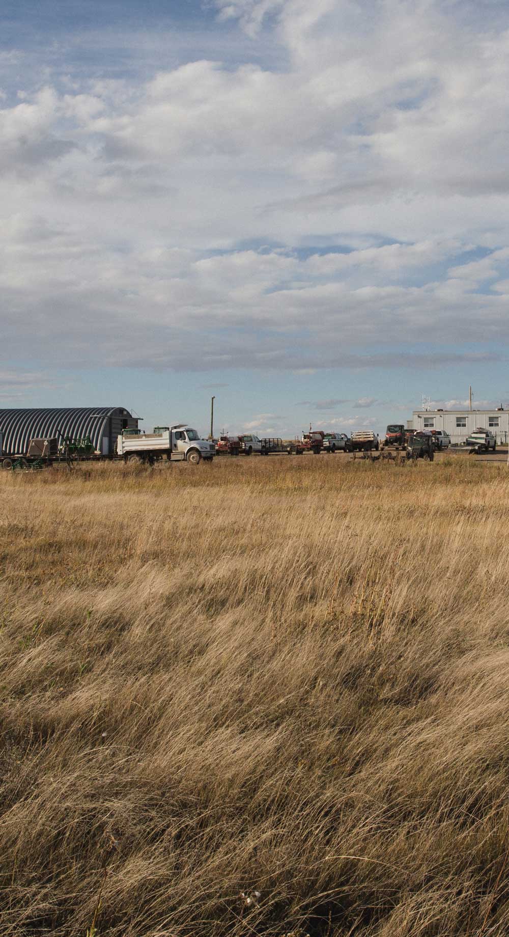 prairie grass in fore frame, trucks and buildings on the horizon